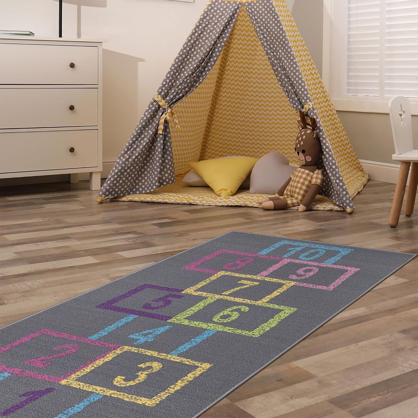 2'2" X 6' Hopscotch Kids Rug - Play Mat for Playroom, Bedroom, Daycare & Classroom - Fun & Interactive Game Carpet - Durable and Non-Slip - Perfect for Learning & High-Traffic Areas, Pink