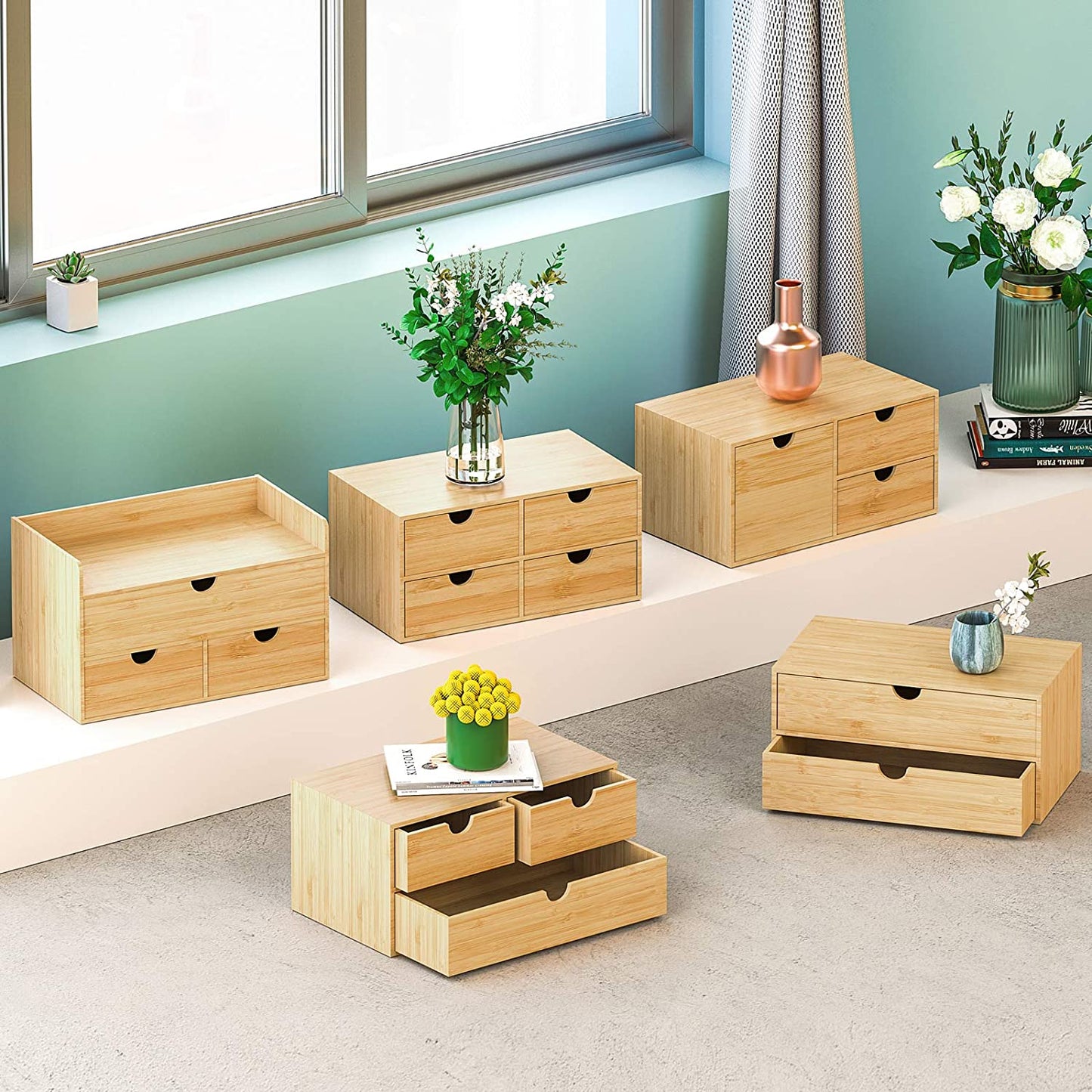 Bamboo Desk Drawer Organizer, Desktop Organizer with Drawers Tabletop Storage Organization Box for Office Home Toiletries Supplies Vanity, No Assembly Required(3 Drawers-Up Down)