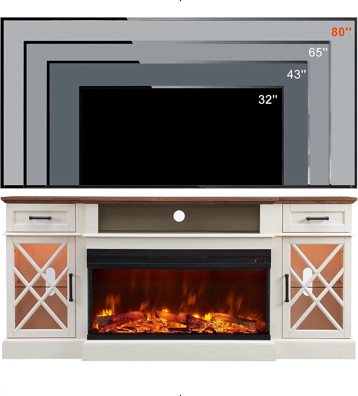 Farmhouse 3-Sided Fireplace TV Stand for 80" Tvs, 70" Entertainment Center with Electric Fireplace and Storage Drawers, Antique White