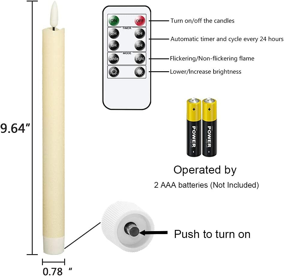 Flameless Flickering Taper Candles with 2 Remote Controls and Timer, Real Wax 3D Wick Light Window Candles Battery Operated Pack of 8, Christmas Home Wedding Decor(Ivory, 0.78 X 9.64 Inch)