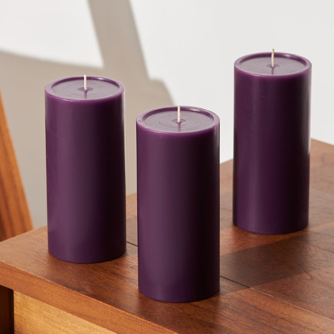 Purple Plum Pillar Candles 3X6 Inch, Set of 3 – Unscented Smooth Purple Candles, Dripless Decorative Candles for Home Decor, Weddings & Events