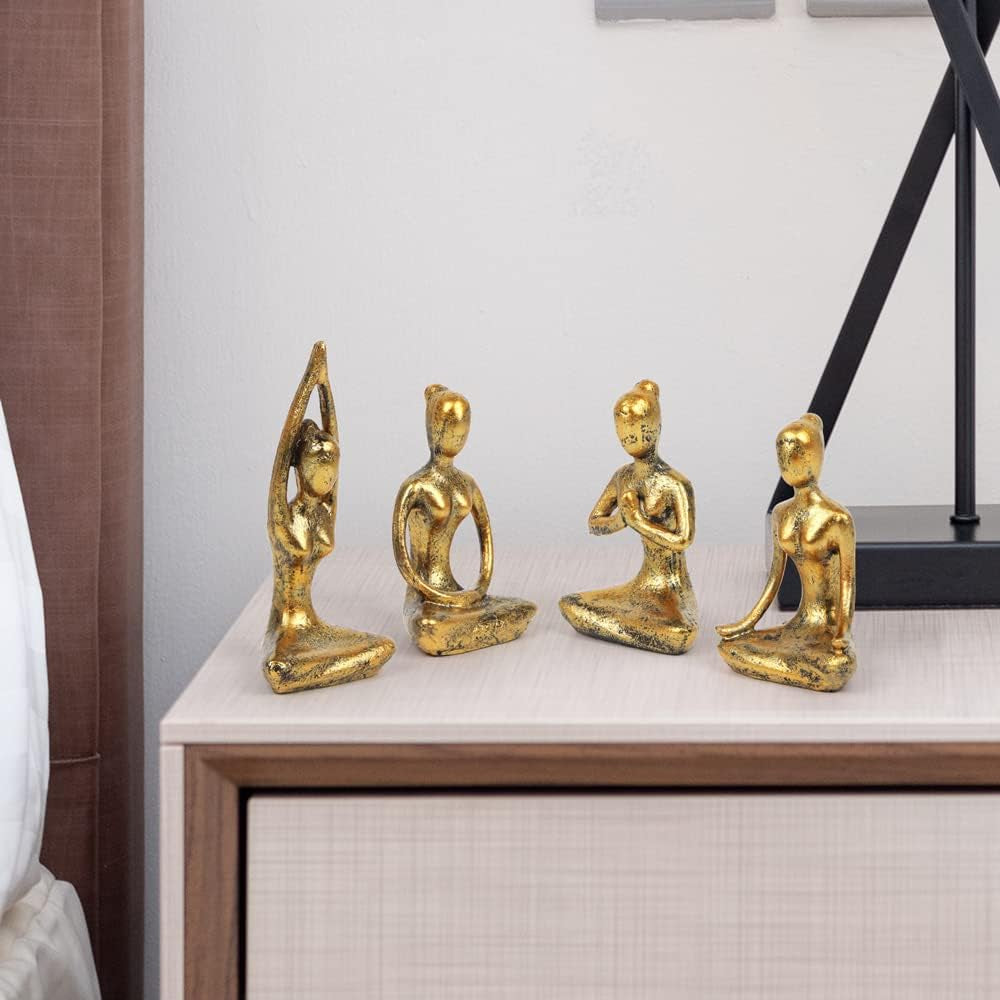 4Pcs Yoga Meditation Home Decor, Resin Yoga Figurines Modern Decorations for Shelf Bedroom Living Room Yoga Room Zen Decor (3.3"-Gold)