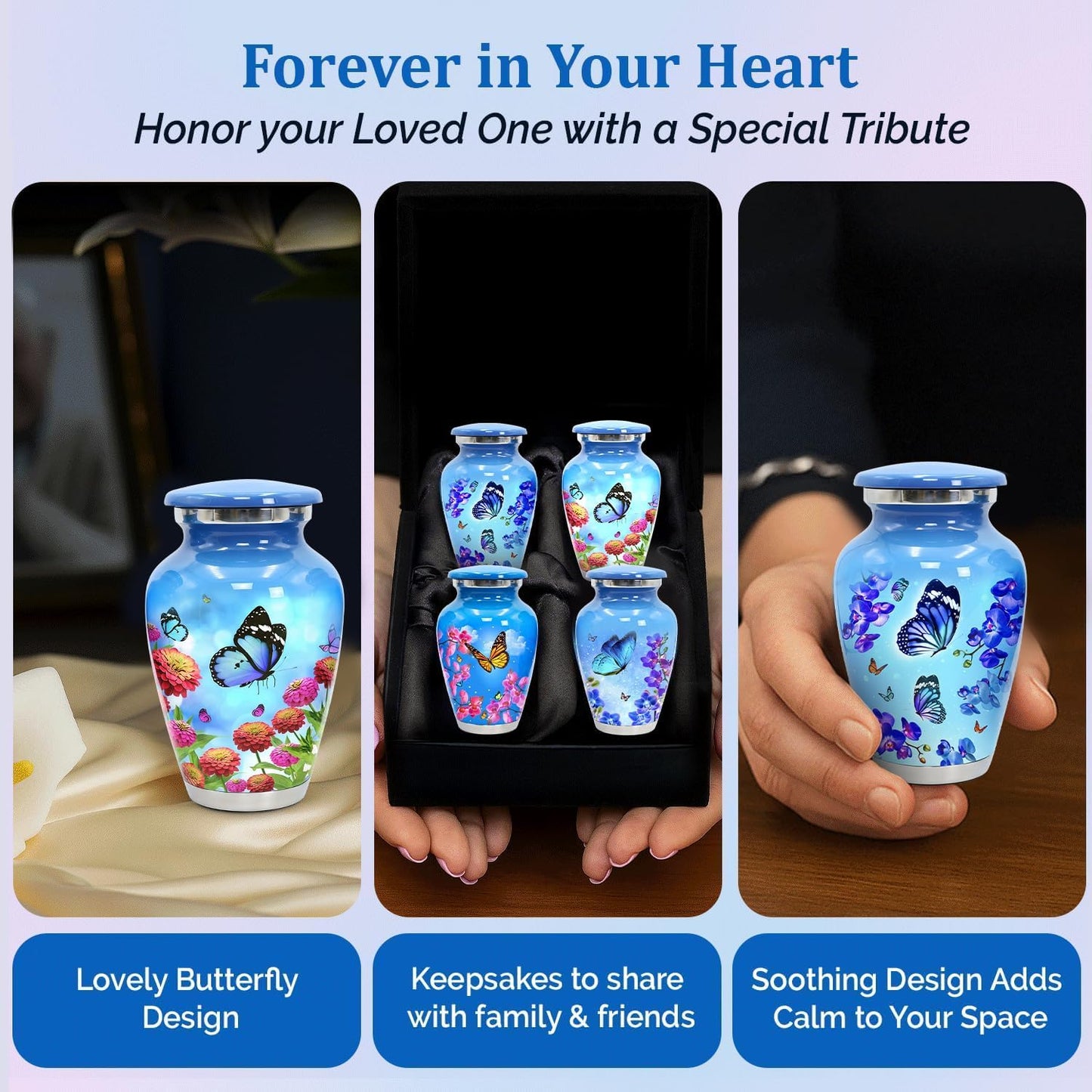 Small Keepsake Urns for Human Ashes - Set of 4 Mini Cremation Urns (Holds 3 Cu in Each) - Memorial Sharing Urns with Velvet Bag & Gift Box (Sky Blue, Set of 4)