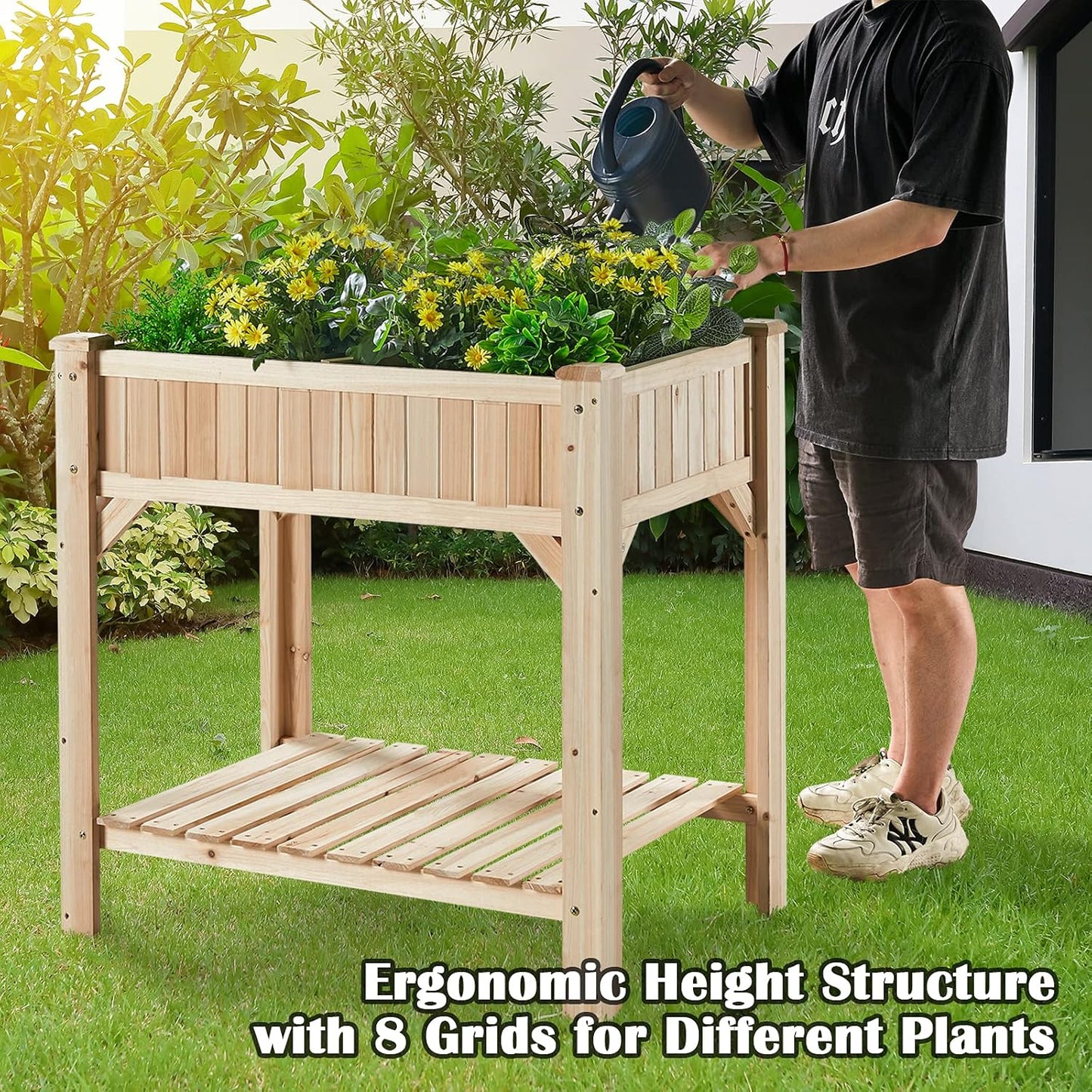 Raised Garden Bed with Legs 36.3X36.3X24 Inch - Herb Planter with Divider Liner Flower Herb Wood Planter with Storage Shelves for Backyard Patio Extra Gloves 3 Tools 8 Grow Area 20 T-Tag