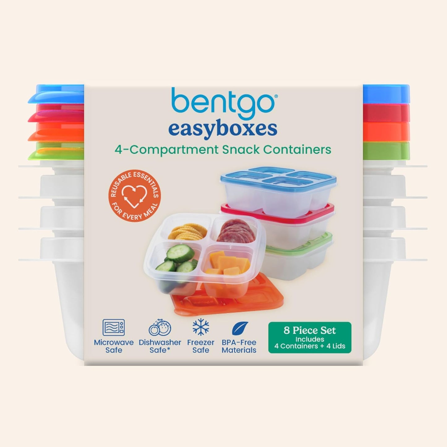 Easyboxes 4-Compartment Snack Containers - 8-Piece Set with 4 Trays & 4 Custom-Fit Lids to Seal in Freshness - Reusable Food Storage & Meal Prep Bento Bpa-Free Containers (Classic 4-Pack)