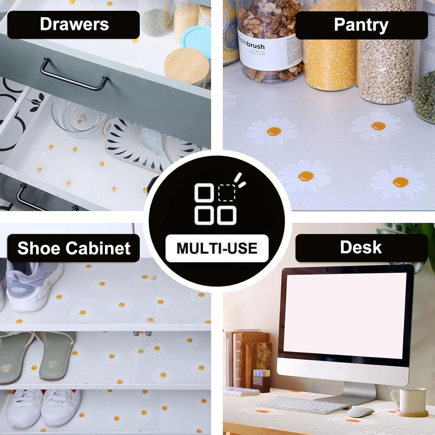 Shelf Liners for Kitchen Cabinets – Drawer Liner Waterproof & Oil-Proof, Non-Adhesive EVA with Floral Pattern – Durable Washable, Easy to Clean (Clean Daisy, 11.8" X 360")