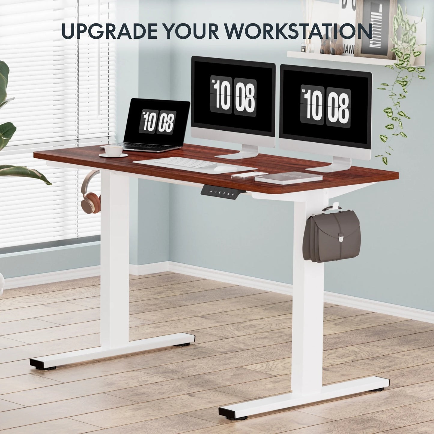55" X 28" Home Office Electric Height Adjustable Standing Desk Memory Programmable Presets Computer Desk White and Mahogany