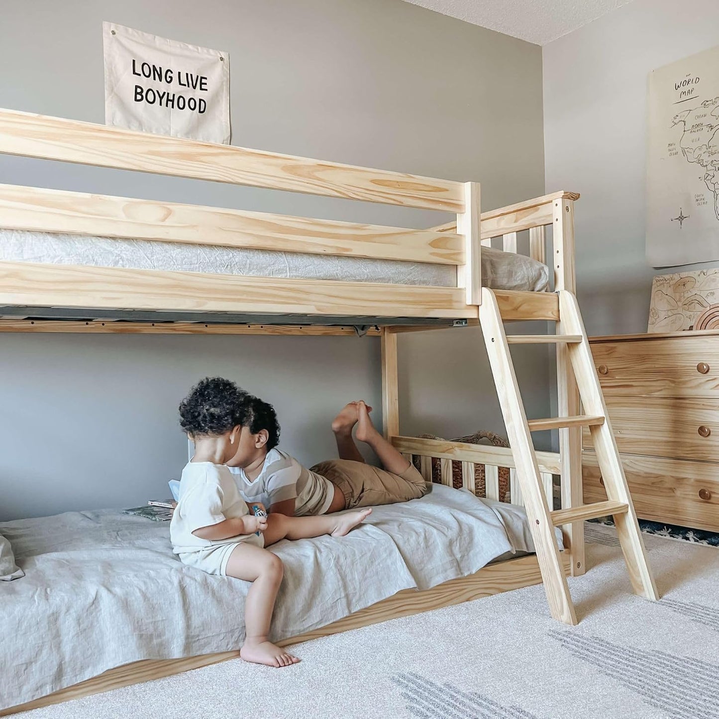 Max & Lily Twin over Twin Low Bunk Bed with Ladder, Wooden Bunk Beds with 14” Safety Guardrail for Kids,Toddlers, Boys, Girls, Teens, Bedroom Furniture, Natural