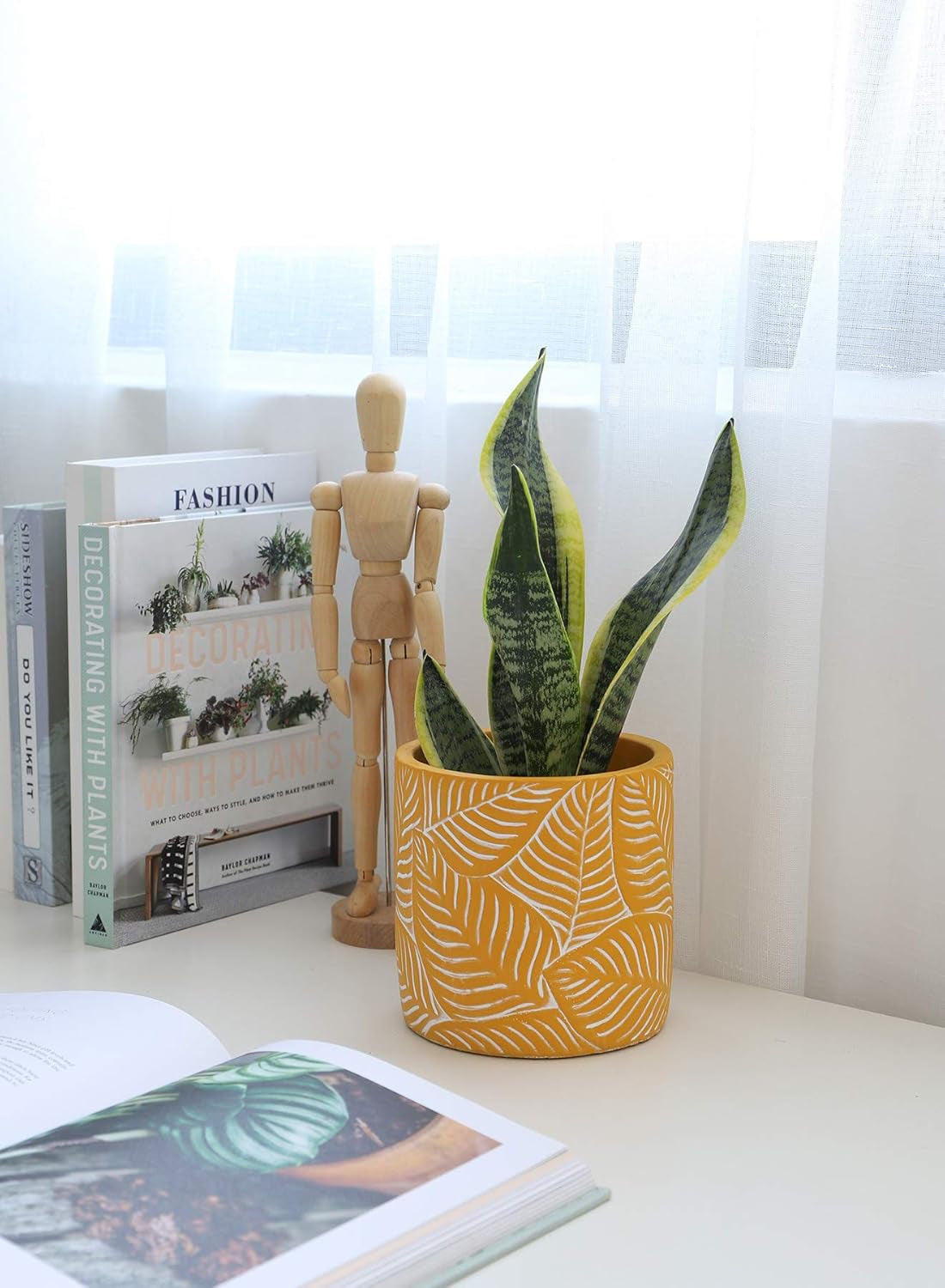Cement Planter Flower Pot - 4.8" Vintage Indoor Plants Containers Unglazed Medium Bonsai with Drain Hole - Yellow, Leaves Embossment