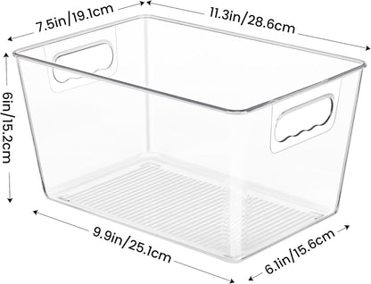 6 Pack Clear Pantry Organizer Bins, Plastic Containers with Handle for Kitchen,Freezer,Cabinet,Closet,Bathroom under Sink Storage