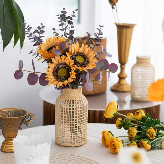 Glass Flower Vase with Rattan Cover, 6.29" Tall Rattan Vase, Wicker for Flowers, Boho Decor, Bud Vintage Country for Home Table Centerpiece, Farmhouse Decoration (S)