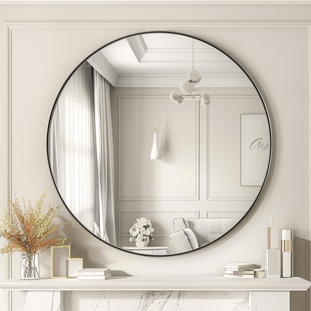 Nickel round Mirror, 26" Brushed Nickel round Mirror, Sliver Circle Bathroom Mirrors in Stainless Steel Metal Frame 1" Deep