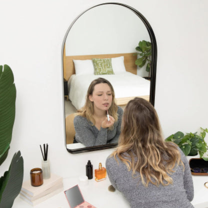 24X36 Inch Brushed Black Metal Framed Mirror - Hanging Wall Mounted Mirror - Arched Top Corner Deep Set Design Rounded Rectangle Mirror - Bedroom, Bathroom Vanity Mirrors for Wall