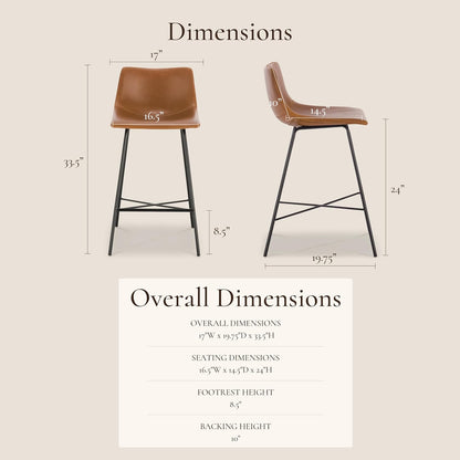 Paxton Leather Counter Stools 24 Inches – Set of 2 - Counter Height Bar Stools with Back – Modern Barstools for Kitchen Island or Counters – Faux Leather & Matte Black Steel Base – Tan
