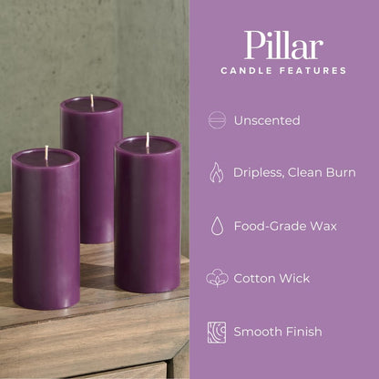 Purple Plum Pillar Candles 3X6 Inch, Set of 3 – Unscented Smooth Purple Candles, Dripless Decorative Candles for Home Decor, Weddings & Events