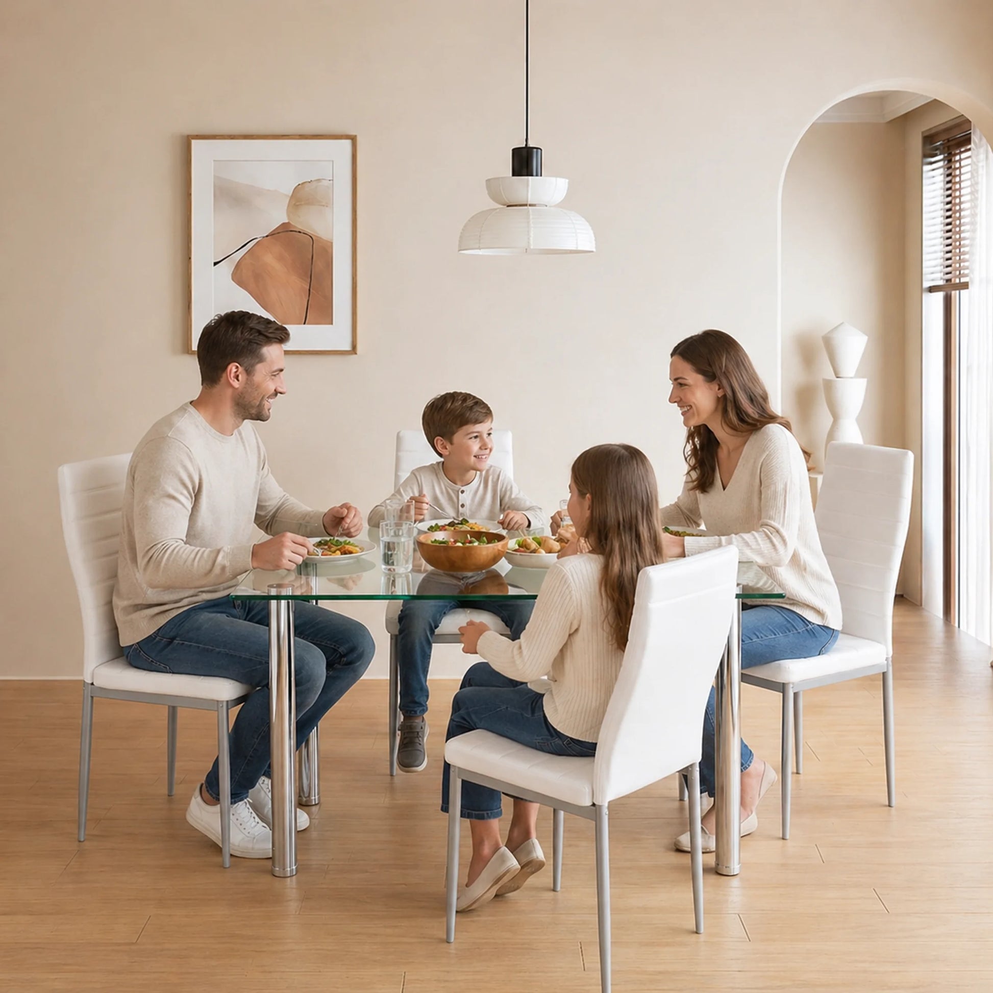 White Kitchen Table Set, 5 Pieces Dining Table Set, Tempered Glass Dining Table and Chairs Set for 4, Upgraded Iron Dining Room Table Set with 4 PU Leather Chairs