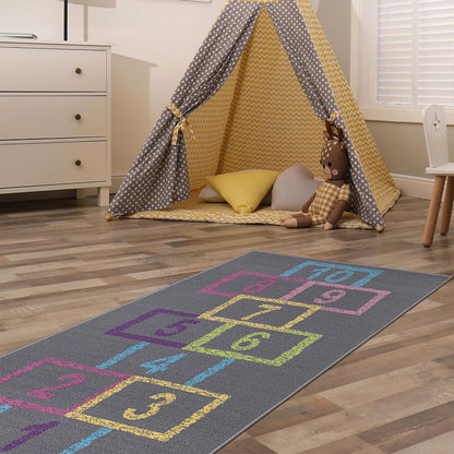 2'2" X 6' Hopscotch Kids Rug - Play Mat for Playroom, Bedroom, Daycare & Classroom - Fun & Interactive Game Carpet - Durable and Non-Slip - Perfect for Learning & High-Traffic Areas, Pink