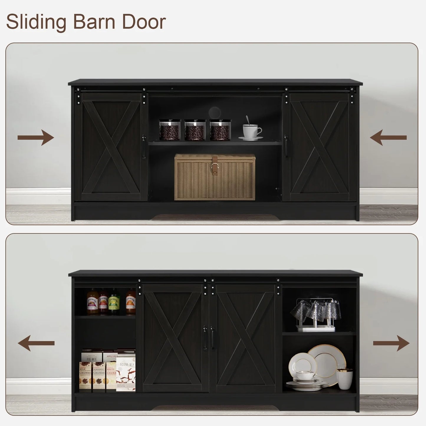 Farmhouse Coffee Bar Cabinet with Storage, 58’’Buffet Sideboard Cabinet with Sliding Barn Doors and 2 Adjustment Shelves, Kitchen Sideboard Cabinet for Dining Living Room