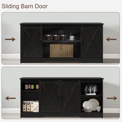 Farmhouse Coffee Bar Cabinet with Storage, 58’’Buffet Sideboard Cabinet with Sliding Barn Doors and 2 Adjustment Shelves, Kitchen Sideboard Cabinet for Dining Living Room