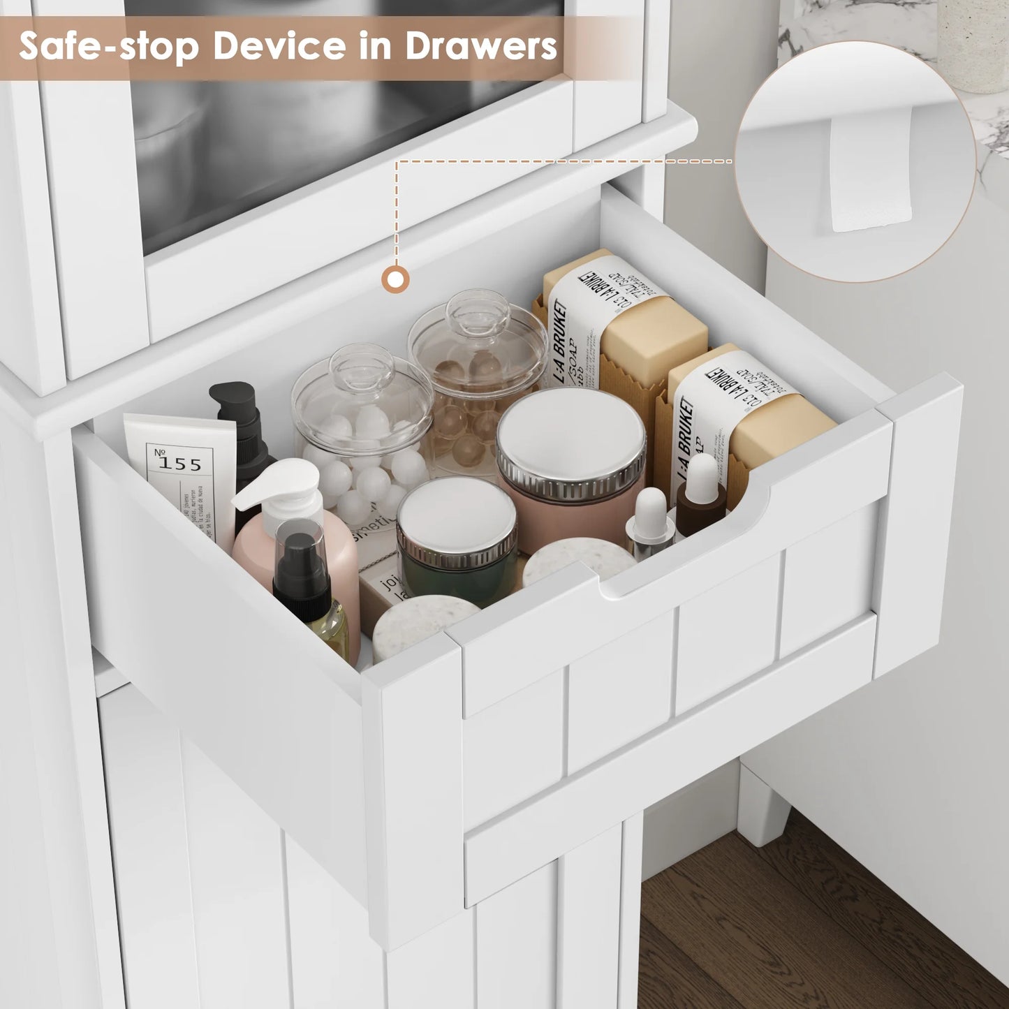 Bathroom Storage Tower, Narrow Linen Cabinet with Door and Drawers, Tall Bathroom Storage Cabinet for Small Spaces, White