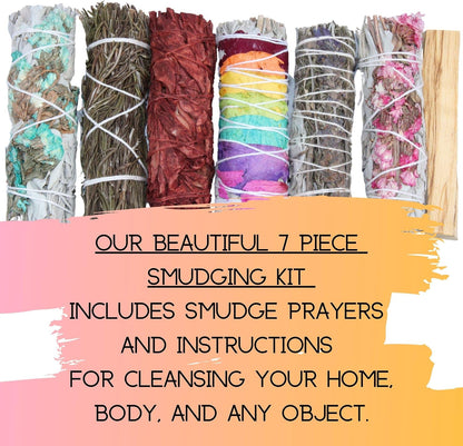 DOX + LAMB 7PC Variety White Sage Kit, Beginner Smudging Bundle, Lavender, Chakra, Rose Flower Sage, Rosemary, Dragon Blood, Palo Santo. Meditation, New Home Cleansing, Manifest (7 PC Sage Kit)