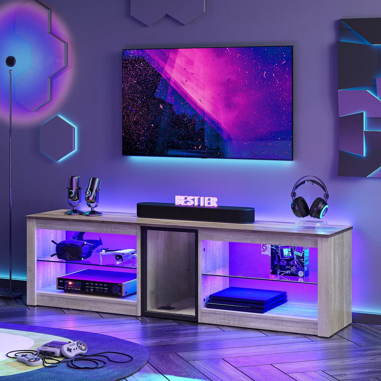 TV Stand for Tvs up to 70" with LED Light, Entertainment Center for PS5 with Shelves, Black Marble