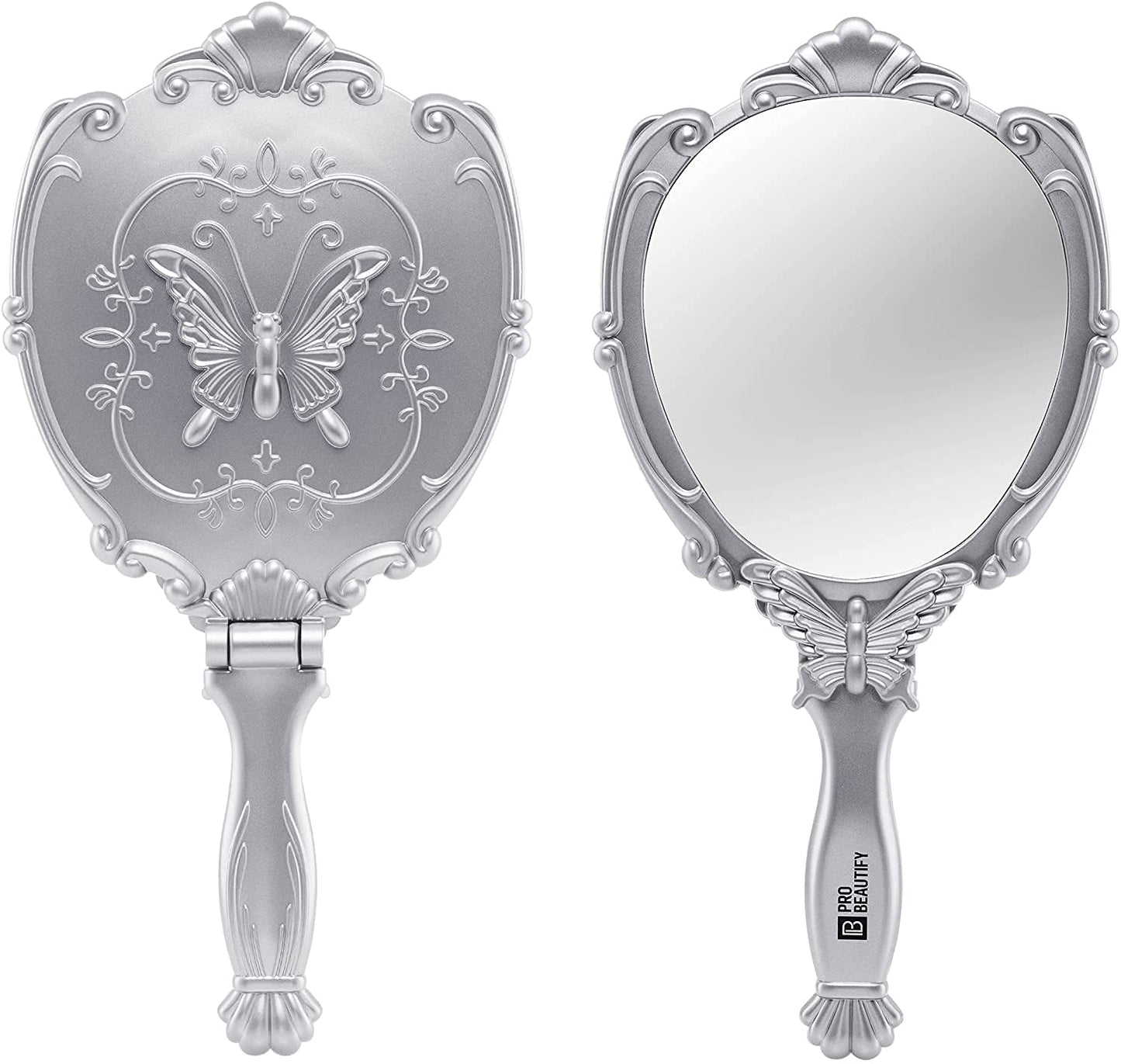 Decorative Hand Held Butterfly Design Mirror | 180 Degrees Full Folding Portable Travel Makeup Mirror (Silver)
