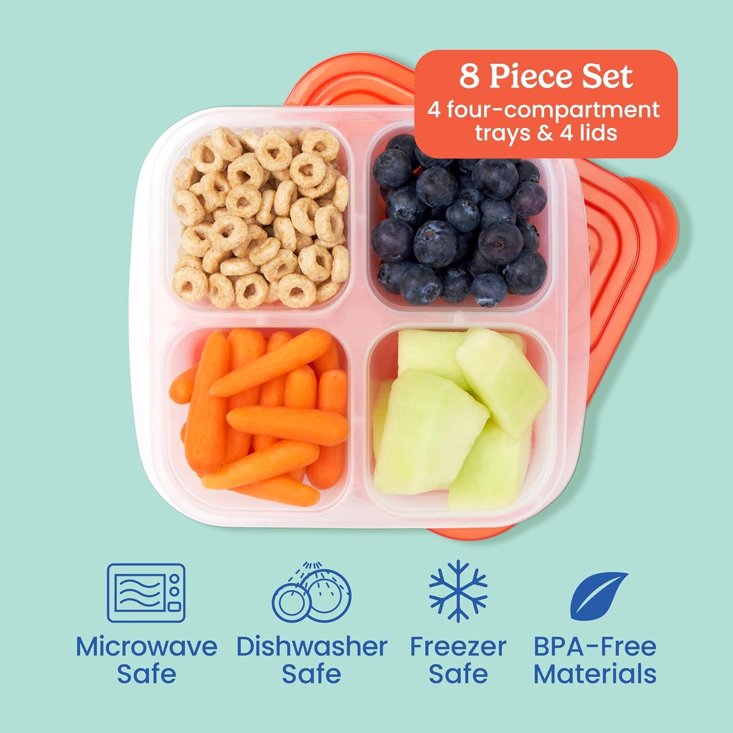 Easyboxes 4-Compartment Snack Containers - 8-Piece Set with 4 Trays & 4 Custom-Fit Lids to Seal in Freshness - Reusable Food Storage & Meal Prep Bento Bpa-Free Containers (Classic 4-Pack)