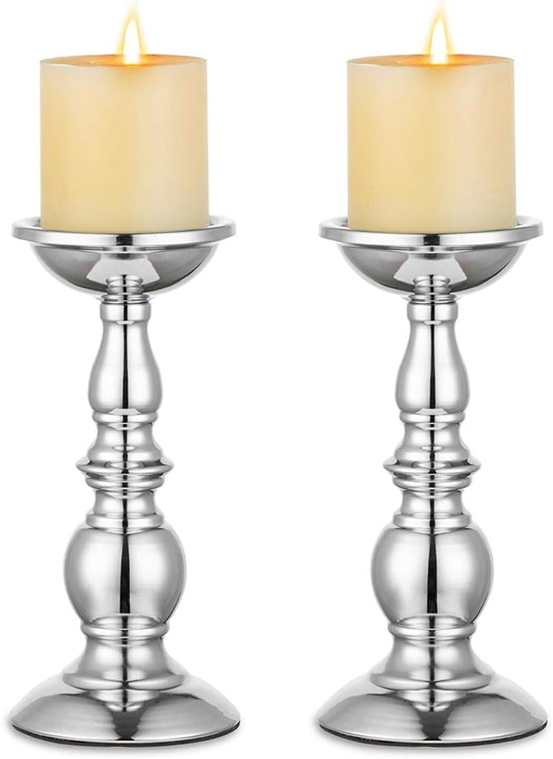 Silver Pillar Candle Holders, Wedding Centerpieces Metal Candle Holder for 3 Inches Candles Stand Decoration Ideal for Weddings Special Events Parties Living Room, 2 Pcs