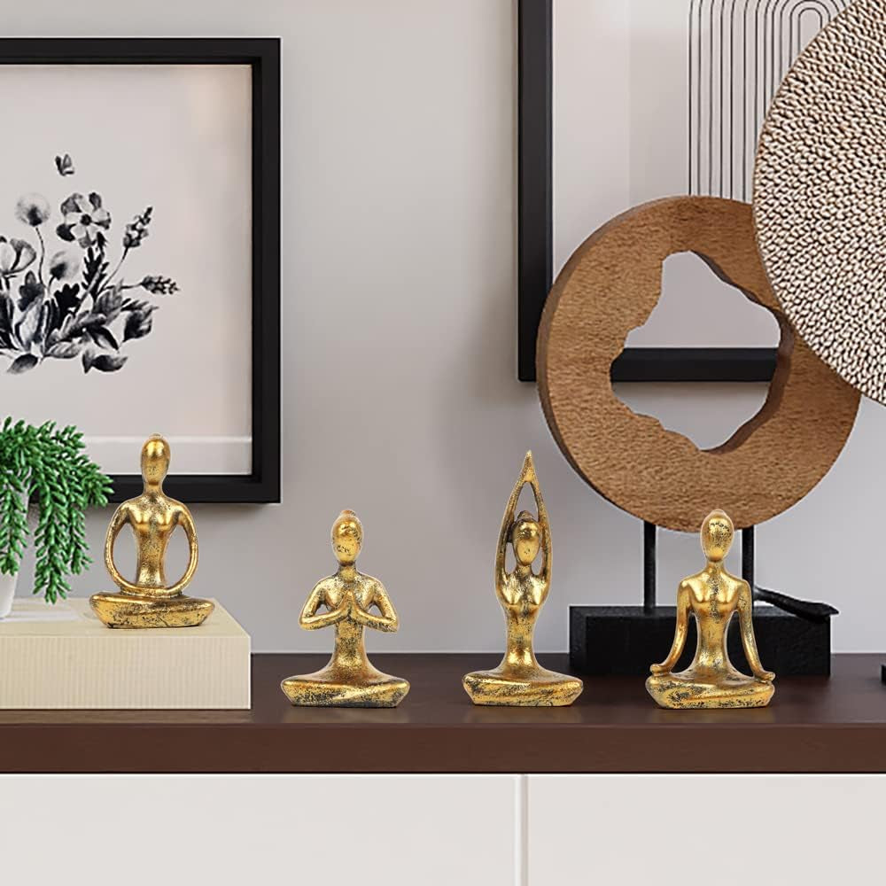 4Pcs Yoga Meditation Home Decor, Resin Yoga Figurines Modern Decorations for Shelf Bedroom Living Room Yoga Room Zen Decor (3.3"-Gold)