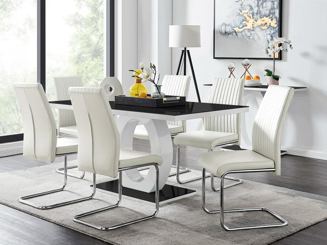 Scottsmoor Modern High Gloss Halo 6 Seater Dining Table Set with Luxury Faux Leather Dining Chairs