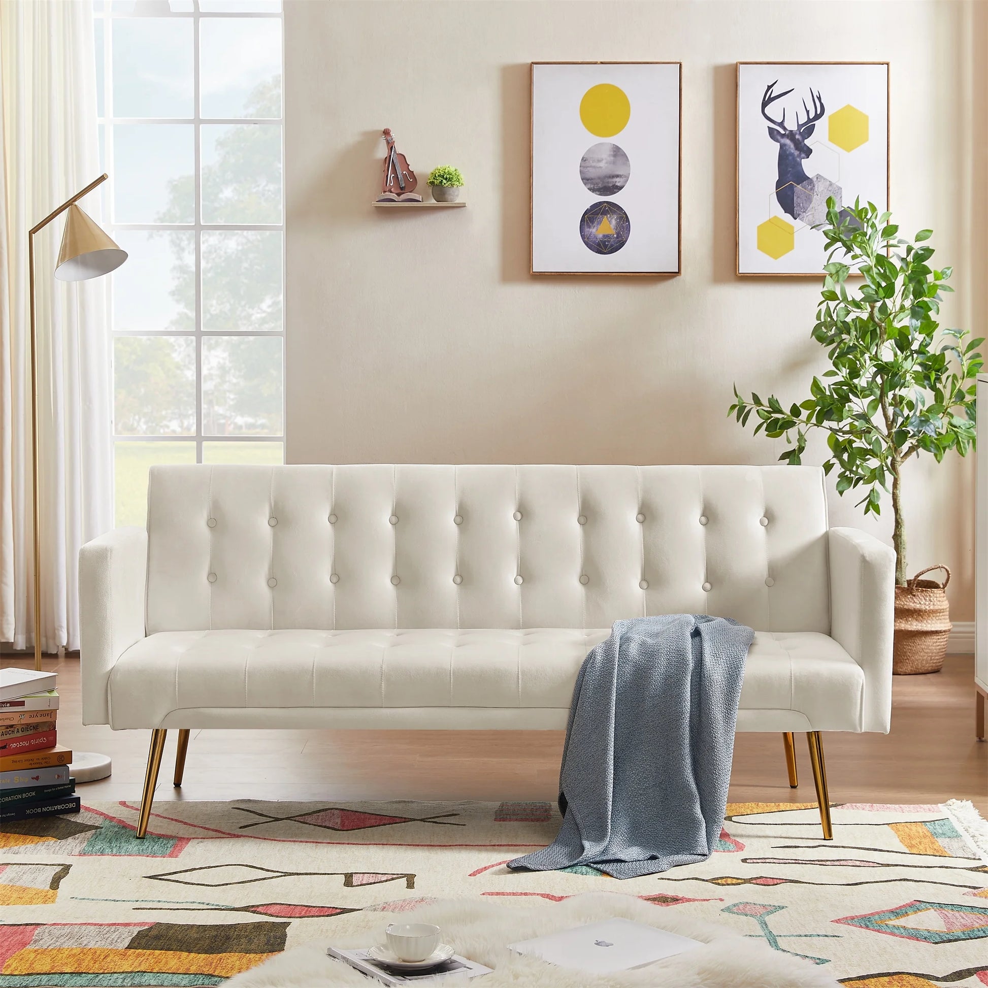 Modern Velvet Futon Sofa Bed,Convertible Sleeper Sofa Couch with 3 Adjustable Couch Loveseat with Metal Leg for Living Room and Bedroom,Beige