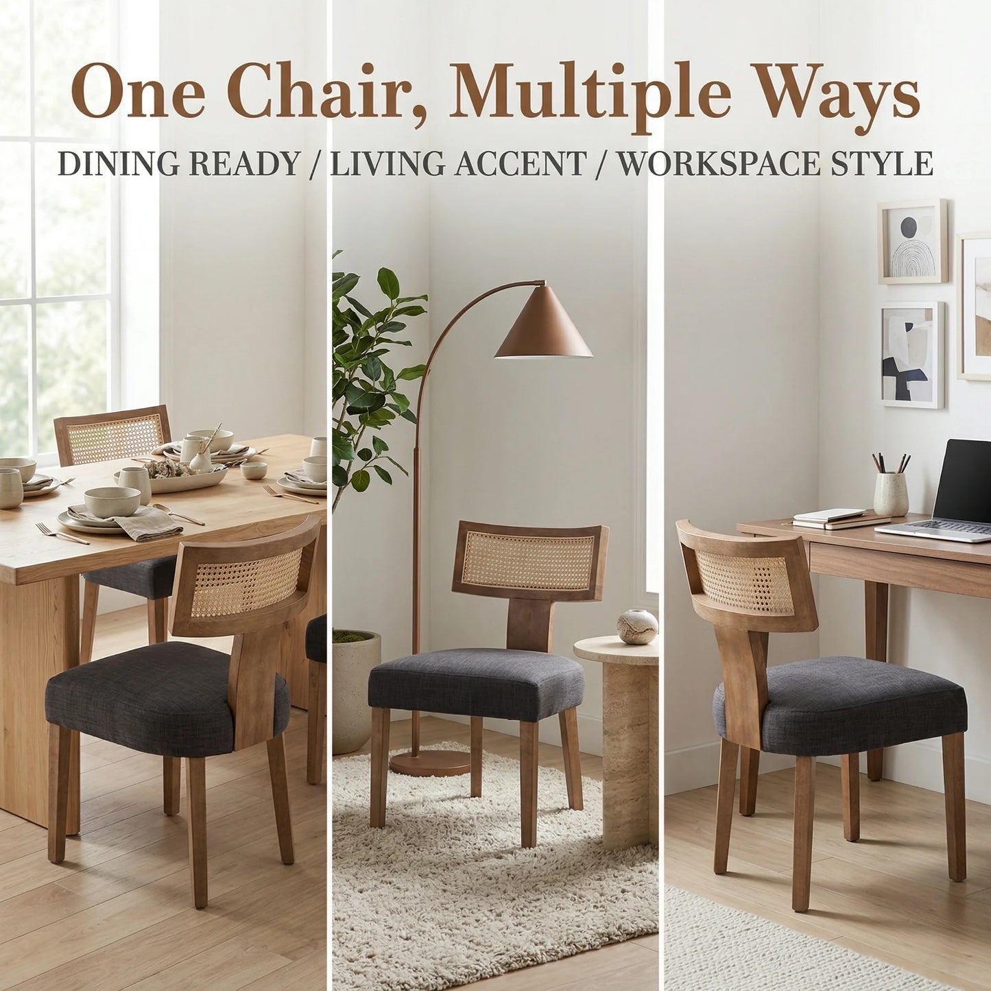 Modern Rattan Backrest Dining Chairs Set of 2, Mid-Century Farmhouse Linen Upholstered Kitchen Chairs Solid Wood Side Chairs for Kitchen Dining Room Living Room, Charcoal