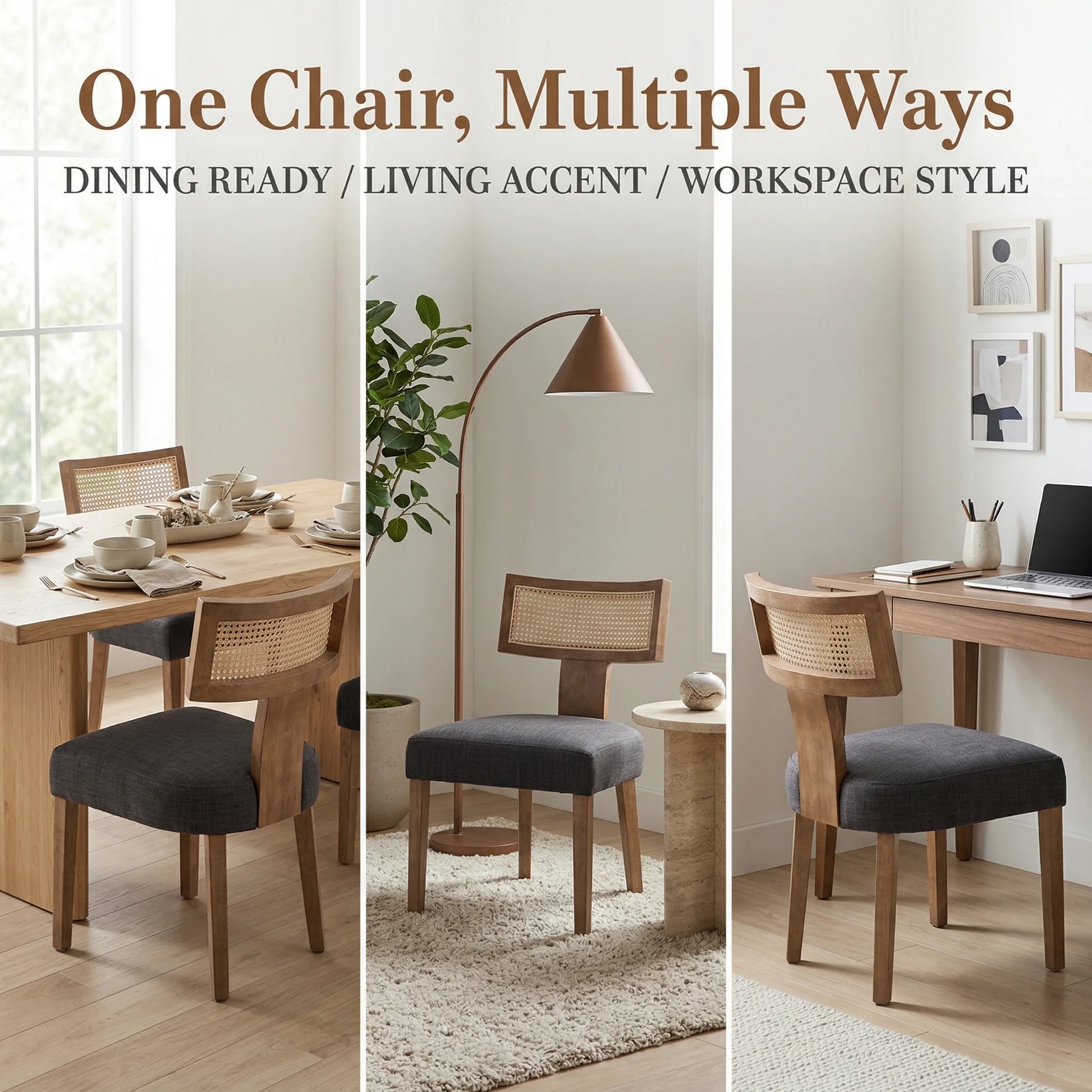 Modern Rattan Backrest Dining Chairs Set of 2, Mid-Century Farmhouse Linen Upholstered Kitchen Chairs Solid Wood Side Chairs for Kitchen Dining Room Living Room, Charcoal