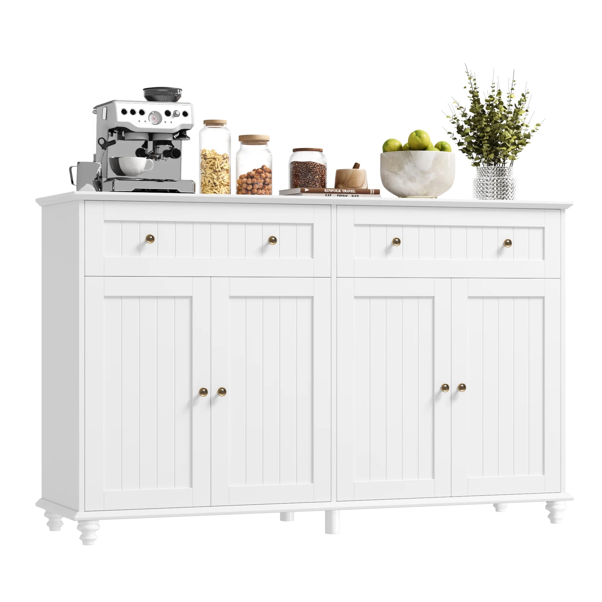 55.1"W Kitchen White Buffet Cabinet with Storage Drawer & Adjustable Shelf, Wood Coffee Bar Cabinet Sideboard for Dining Room