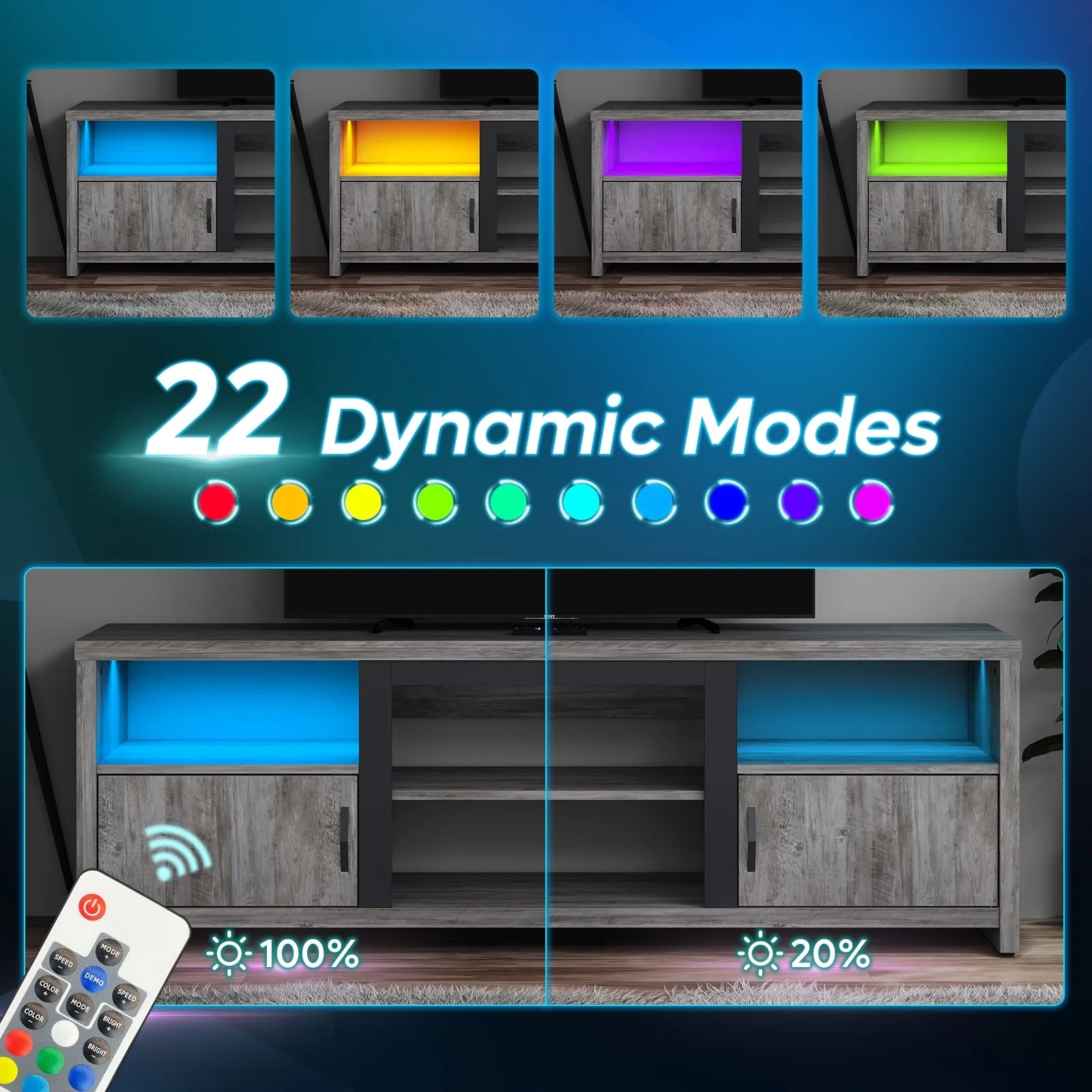 70" Farmhouse TV Stand for Tvs up to 80" with LED Lights, Entertainment Center with Cabinet & Open Shelves in Wash Grey