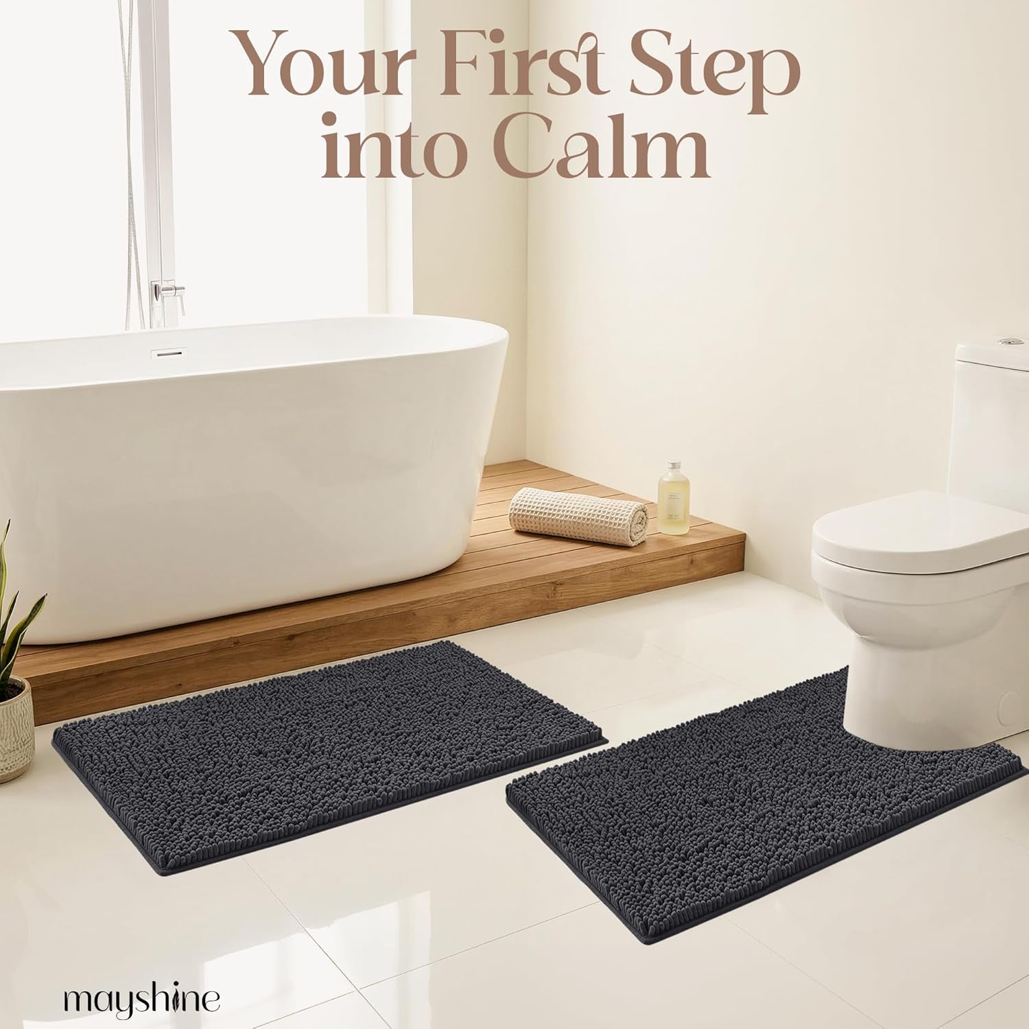 Plush Shaggy Chenille Bath Mat | Extra Soft, Super Absorbent, Non-Slip Bathroom Rug | Fluffy Microfiber, Area Rug Sets for Bathroom Floor, Kitchen, Living Room | 47"X27" | Charcoal Gray