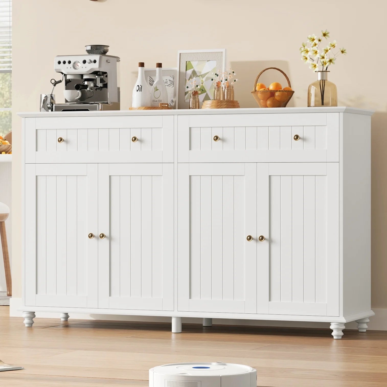55.1"W Kitchen White Buffet Cabinet with Storage Drawer & Adjustable Shelf, Wood Coffee Bar Cabinet Sideboard for Dining Room