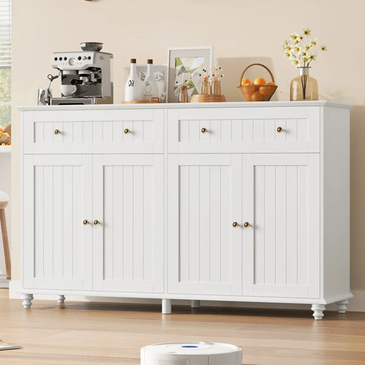 55.1"W Kitchen White Buffet Cabinet with Storage Drawer & Adjustable Shelf, Wood Coffee Bar Cabinet Sideboard for Dining Room