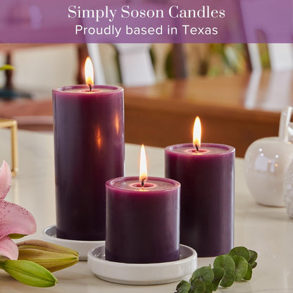 Purple Plum Pillar Candles 3X6 Inch, Set of 3 – Unscented Smooth Purple Candles, Dripless Decorative Candles for Home Decor, Weddings & Events