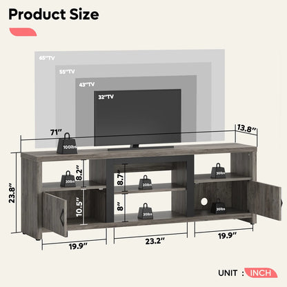 70" Farmhouse TV Stand for Tvs up to 80" with LED Lights, Entertainment Center with Cabinet & Open Shelves in Wash Grey