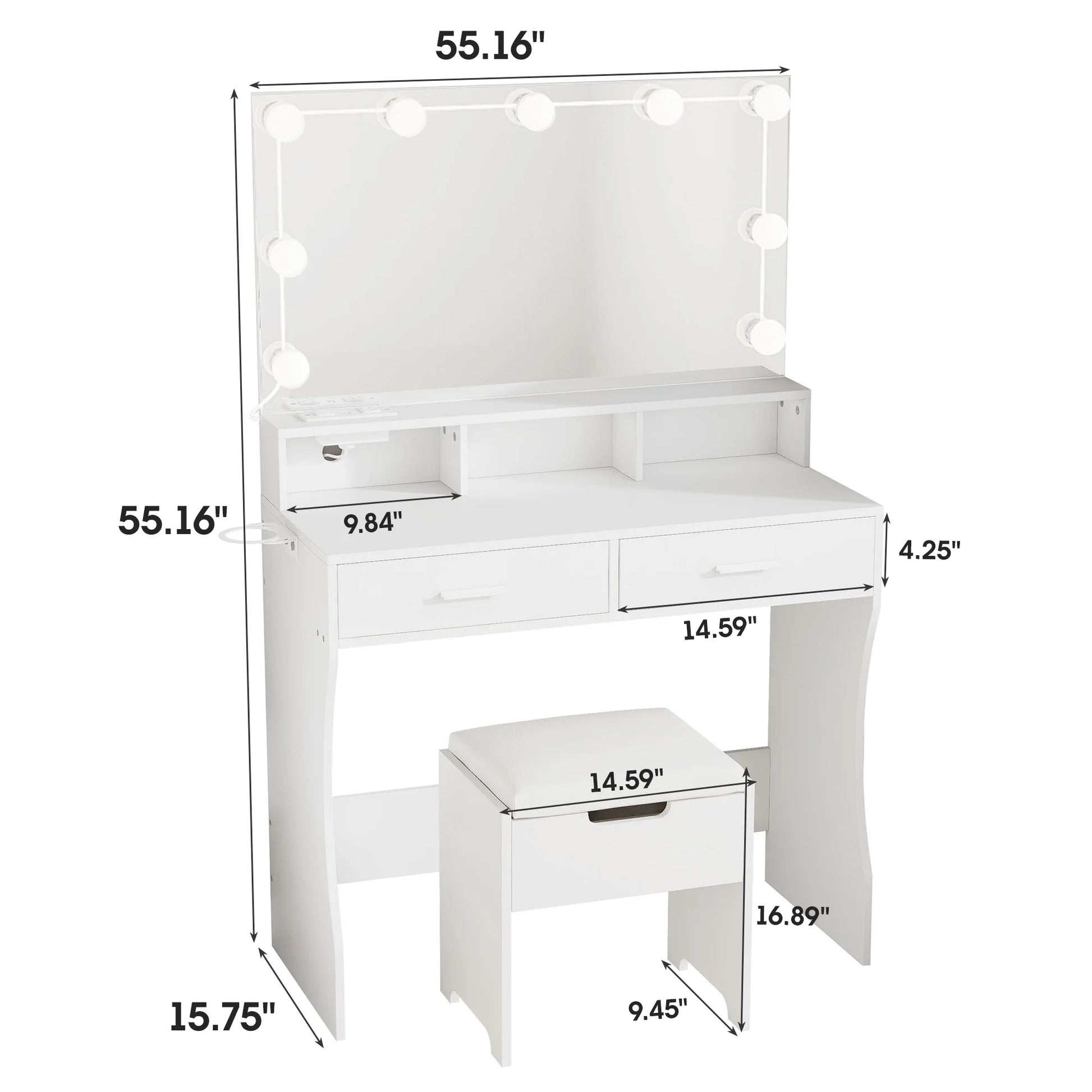 Modern Vanity Table Set with Lighted Mirror,Makeup Table with 2 Drawers & Power Strip,Dresser Desk for Girls, Women, White