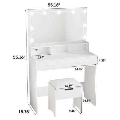 Modern Vanity Table Set with Lighted Mirror,Makeup Table with 2 Drawers & Power Strip,Dresser Desk for Girls, Women, White
