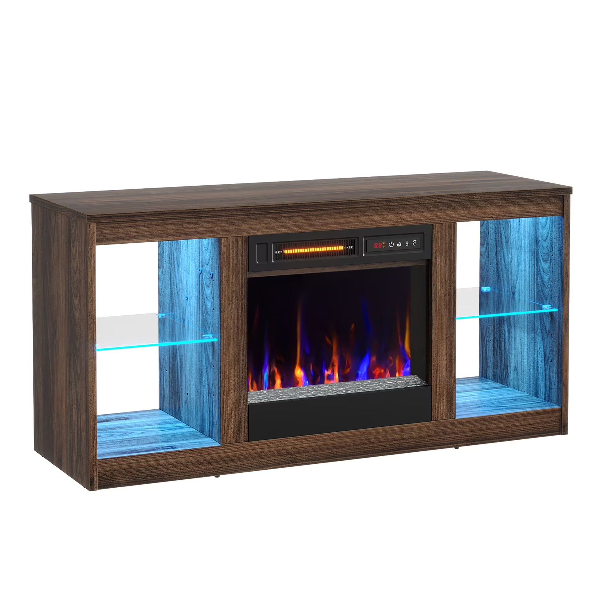 Modern Electric Fireplace TV Stand for Tvs up to 55", with LED and Glass Shelves, Walnut