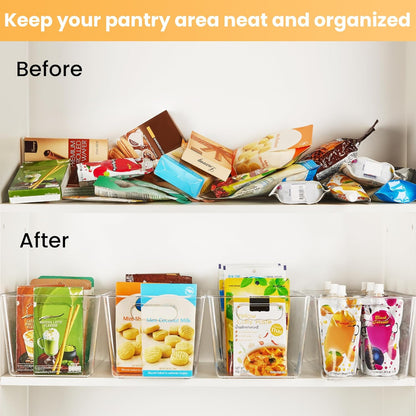 6 Pack Clear Pantry Organizer Bins, Plastic Containers with Handle for Kitchen,Freezer,Cabinet,Closet,Bathroom under Sink Storage