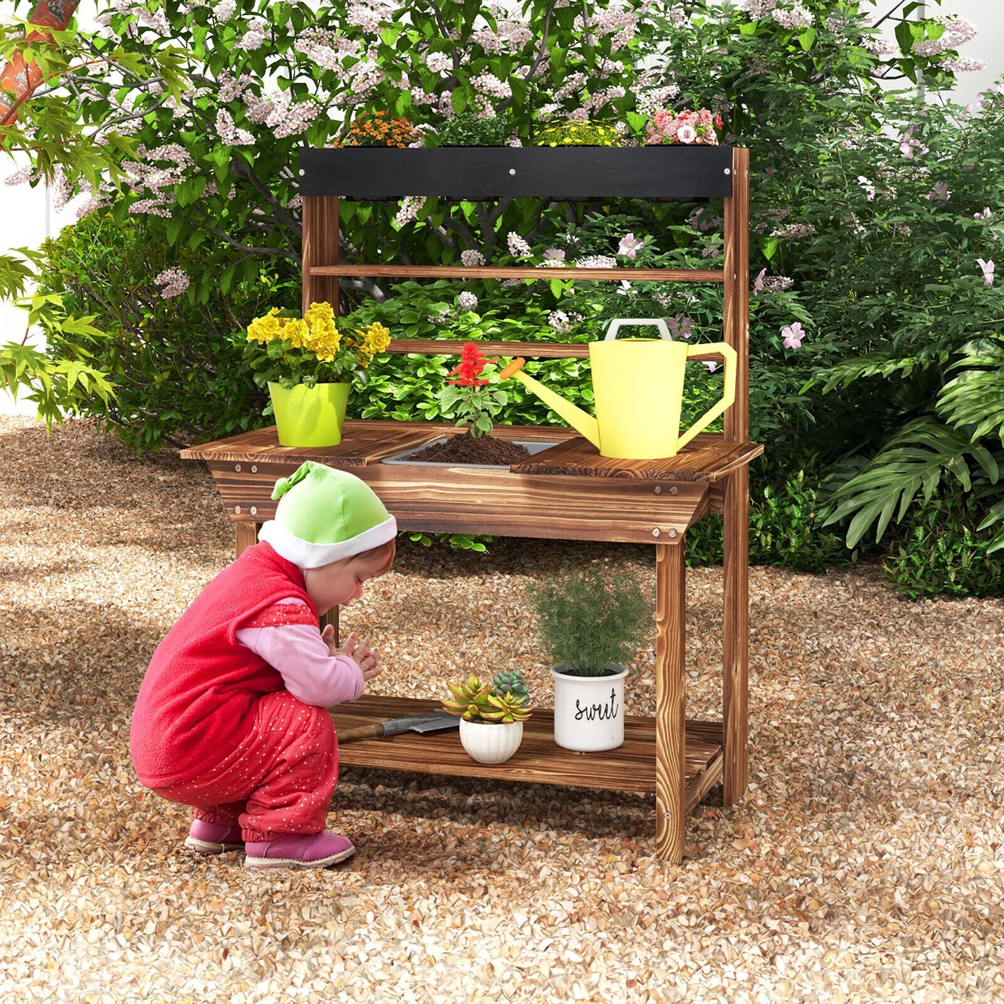 Kids Potting Bench Wooden Toy Gardening Center W/ Removable Sink & Chalkboard