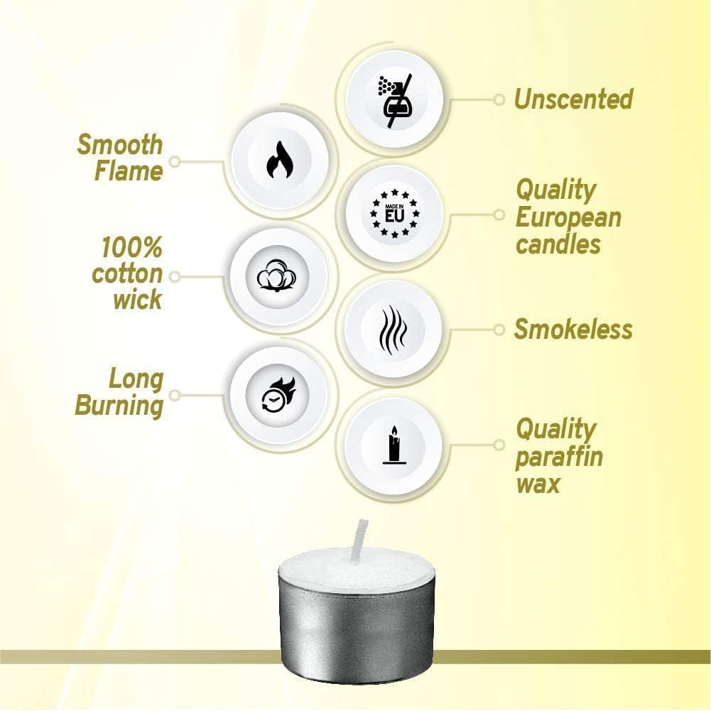 50 Unscented Tea Lights - 8 Hours Burn Time - Premium European Quality - Consistent Smokeless Flame - 100% Cotton Wick - Dinner, Wedding, Party, Restaurant, Spa, Church, & Home Décor Tealights