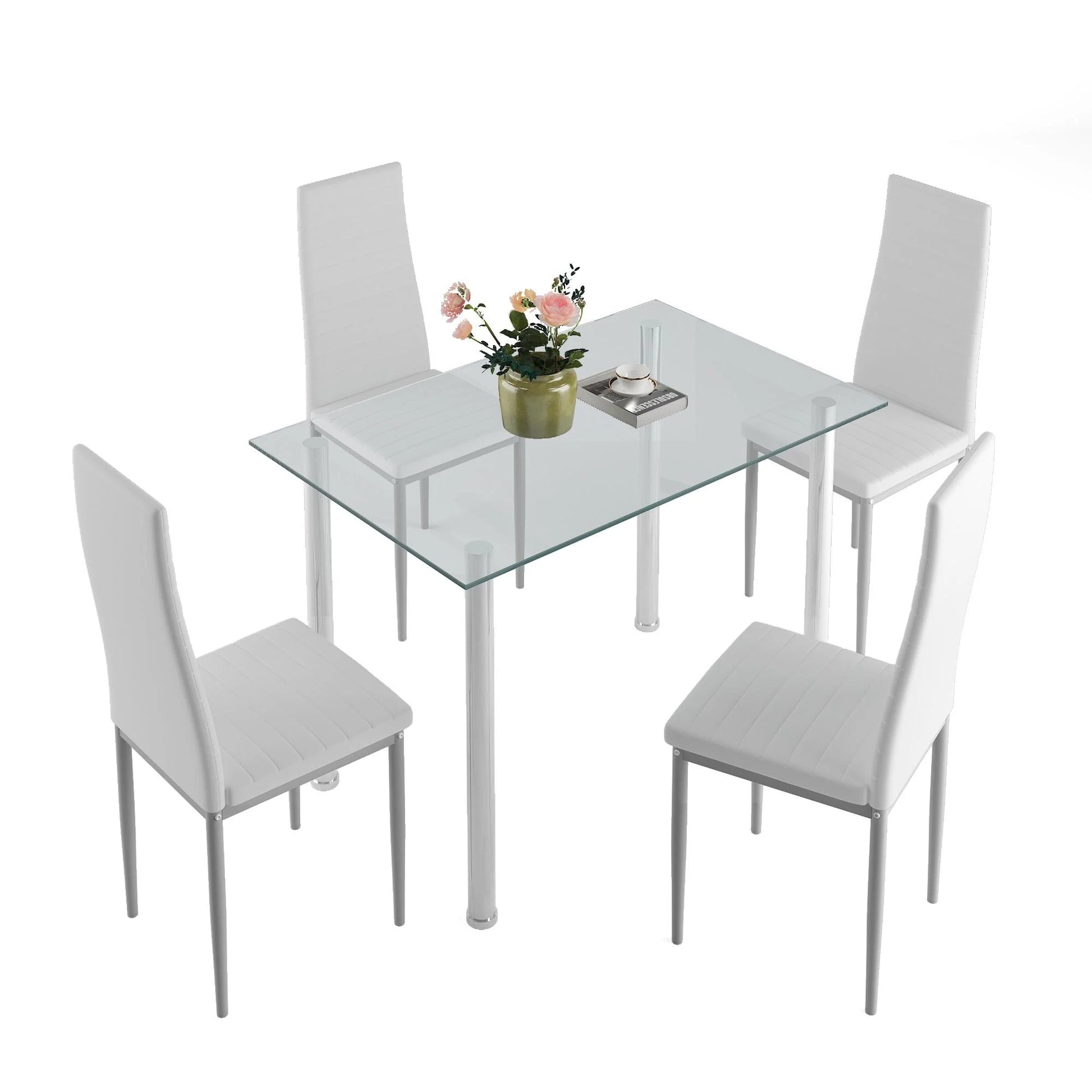 White Kitchen Table Set, 5 Pieces Dining Table Set, Tempered Glass Dining Table and Chairs Set for 4, Upgraded Iron Dining Room Table Set with 4 PU Leather Chairs
