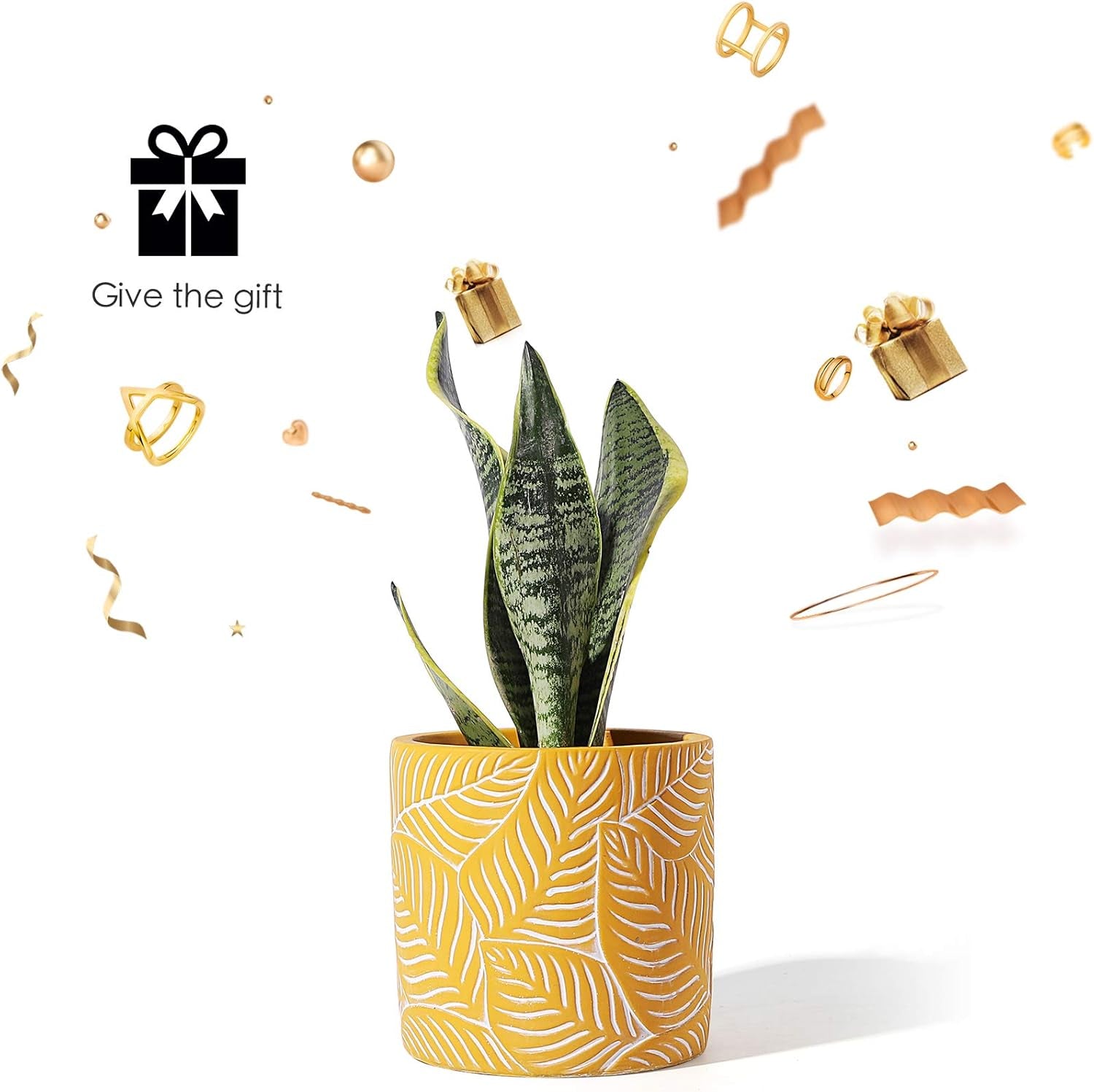 Cement Planter Flower Pot - 4.8" Vintage Indoor Plants Containers Unglazed Medium Bonsai with Drain Hole - Yellow, Leaves Embossment