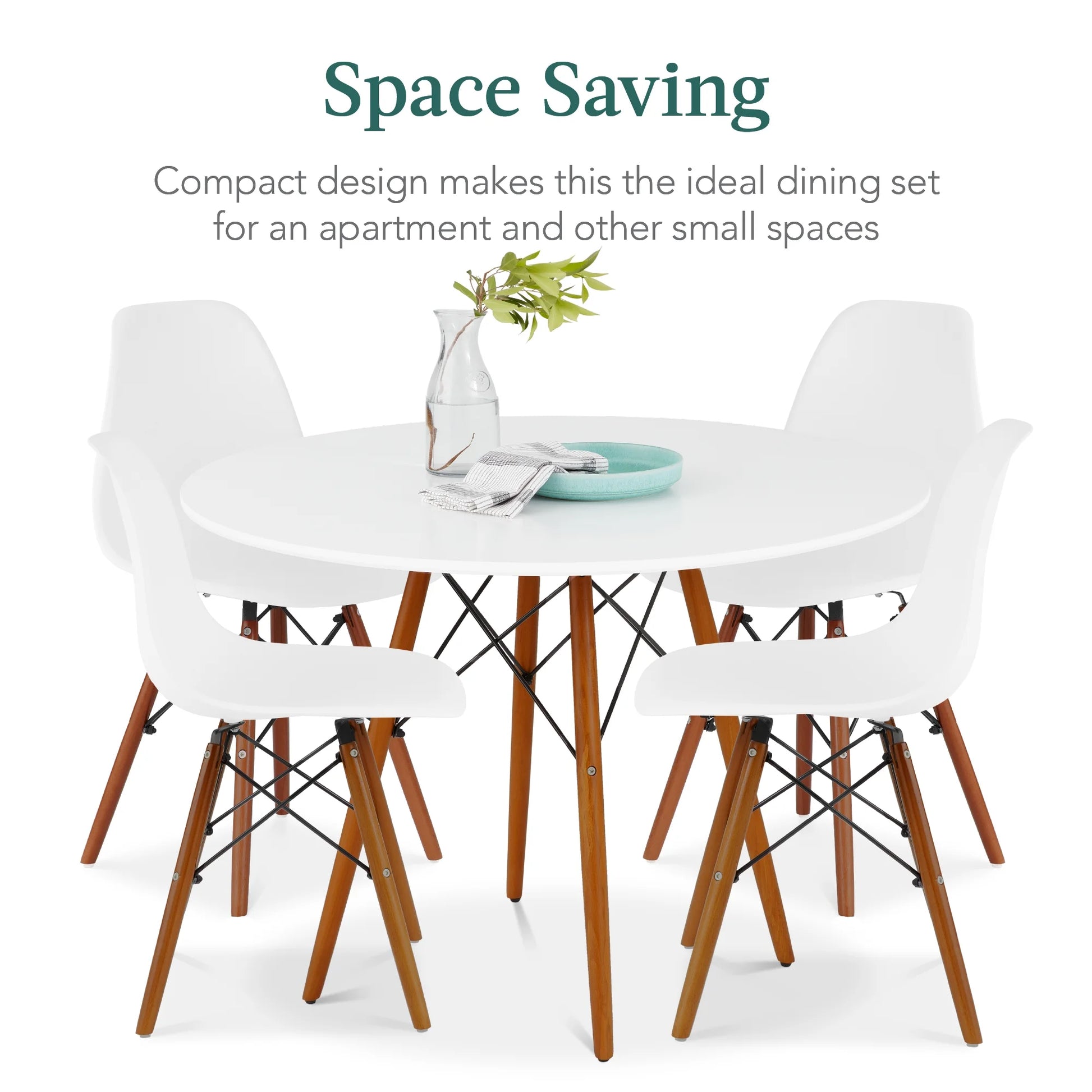 5-Piece Compact Mid-Century Modern Dining Set W/ 4 Chairs, Wooden Legs - White/Walnut
